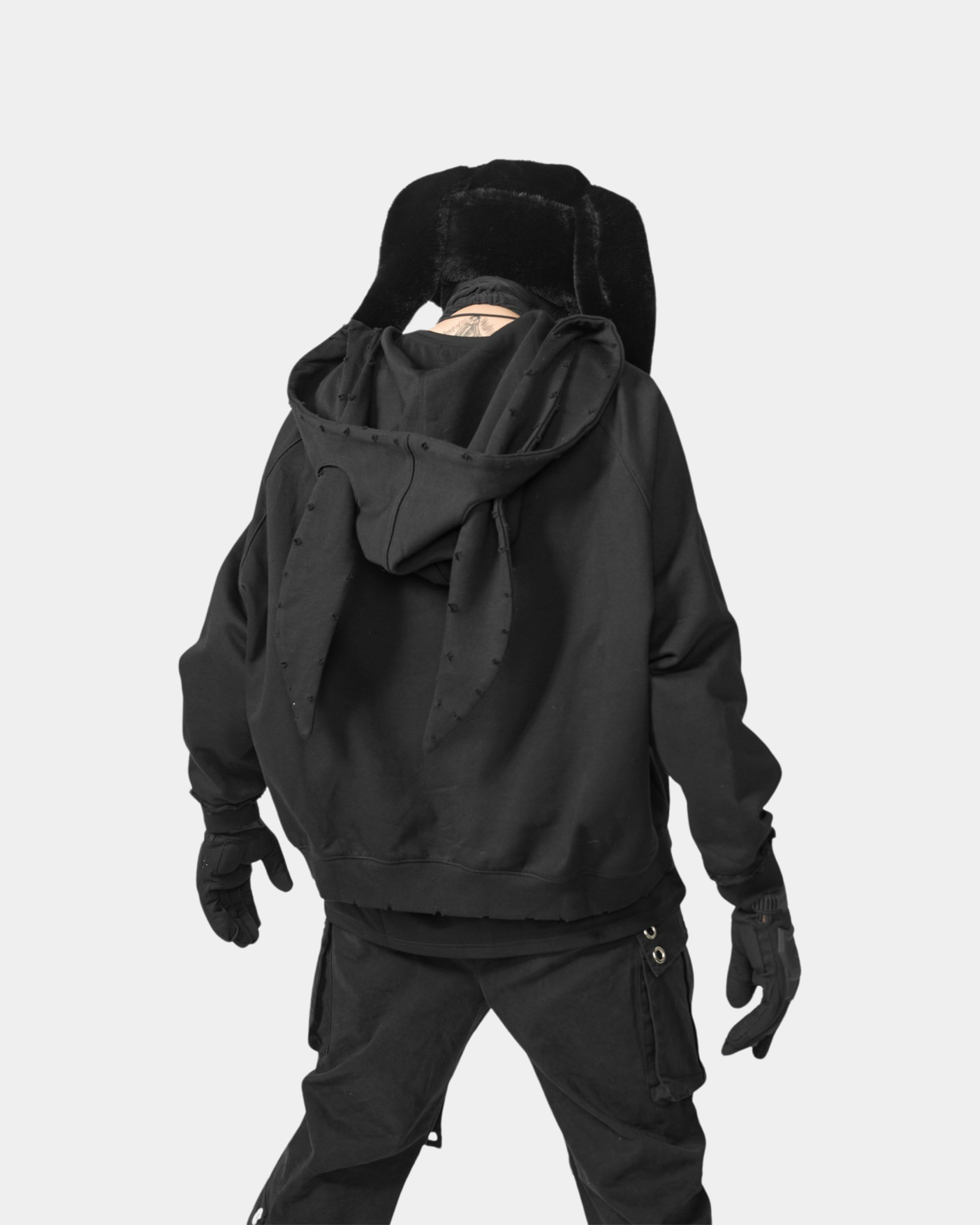 Destructive Style Rabbit Ears Zipper Hooded Sweatshirt (Black)