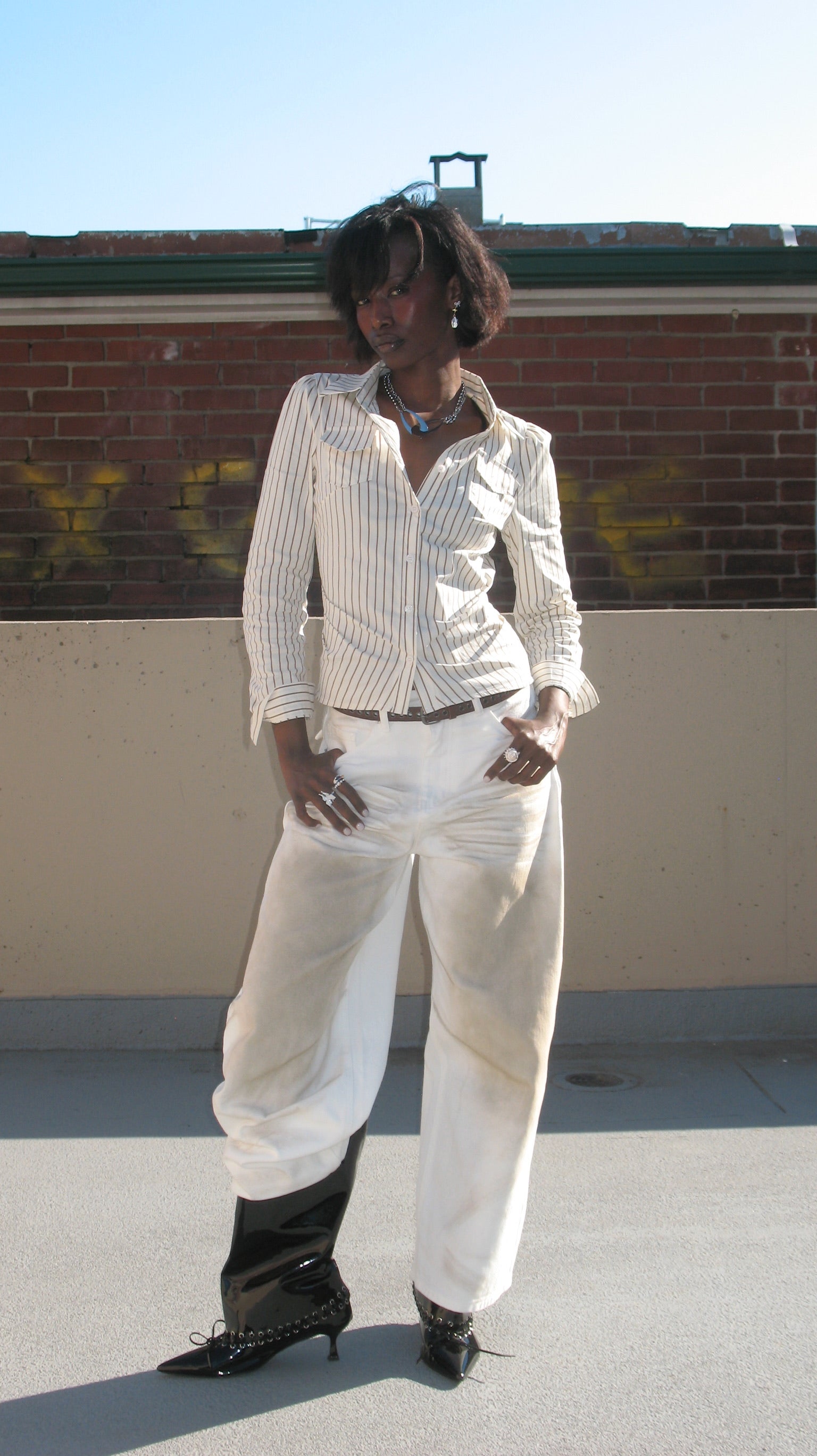 Cream Striped Button-Up Shirt with Elasticized Waistband