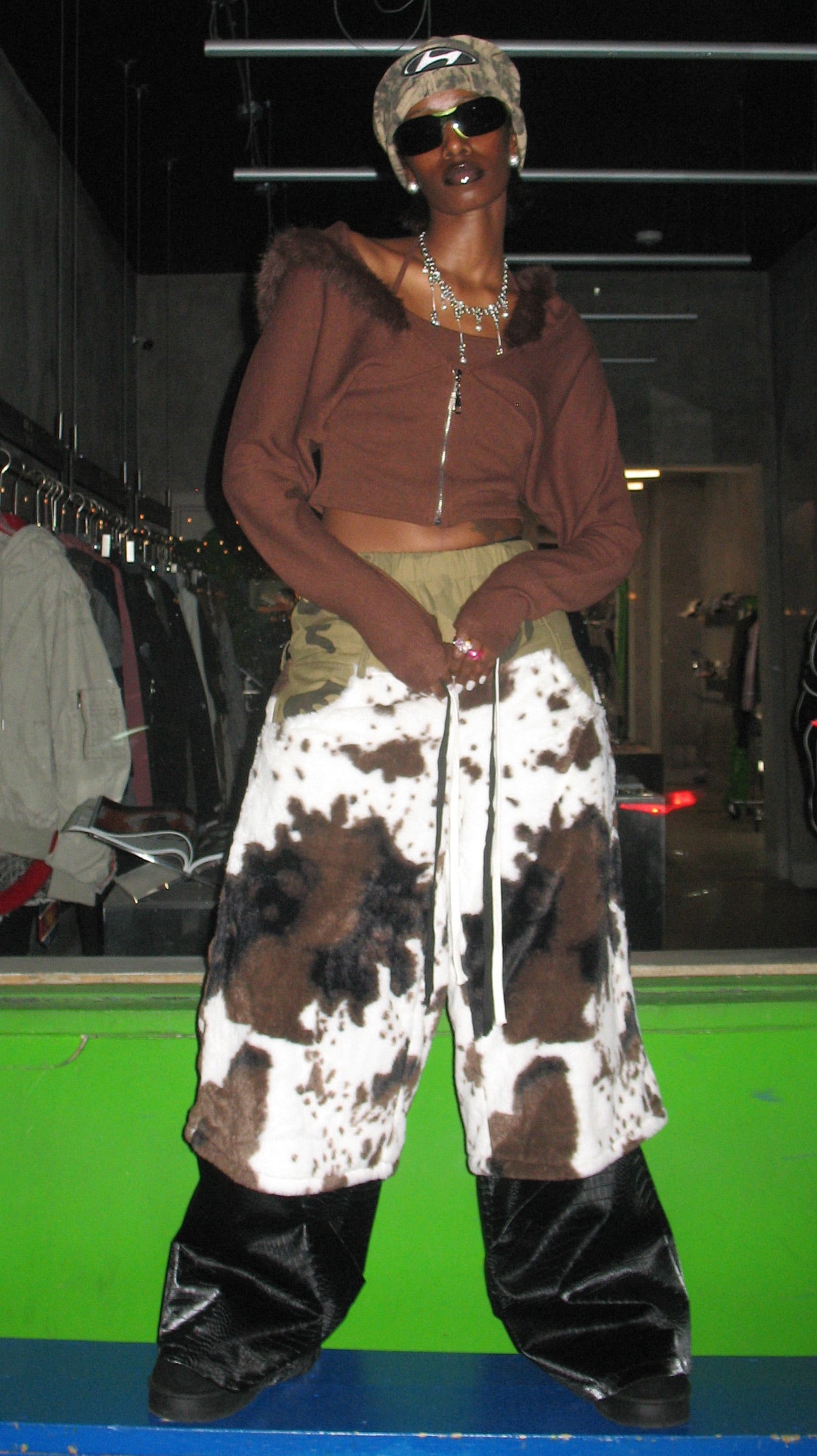 Remake Contrast Panel Skirt-Overpants in Cow Print and Nylon