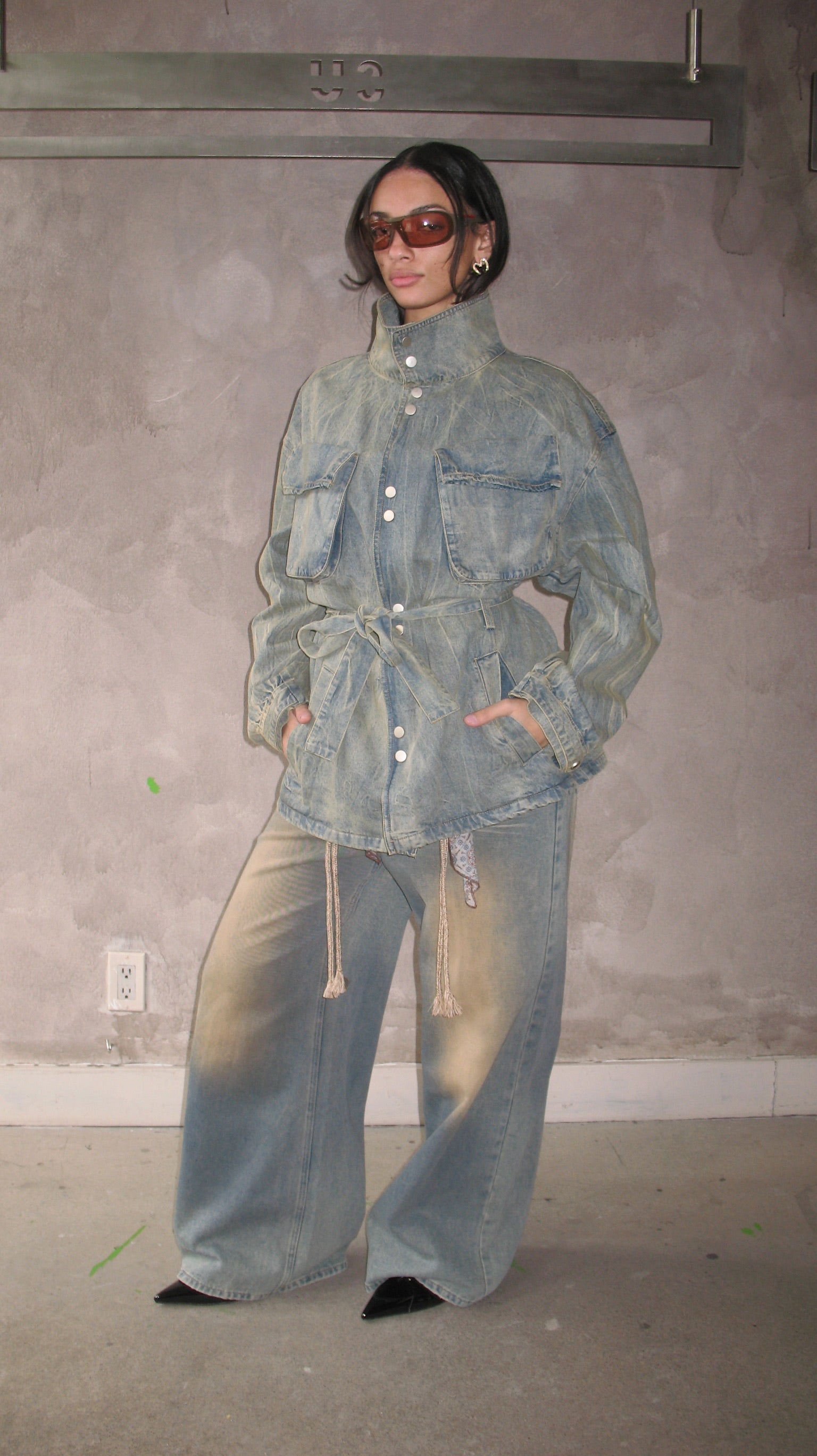 Blue Washed Wide leg Jeans with rope belt