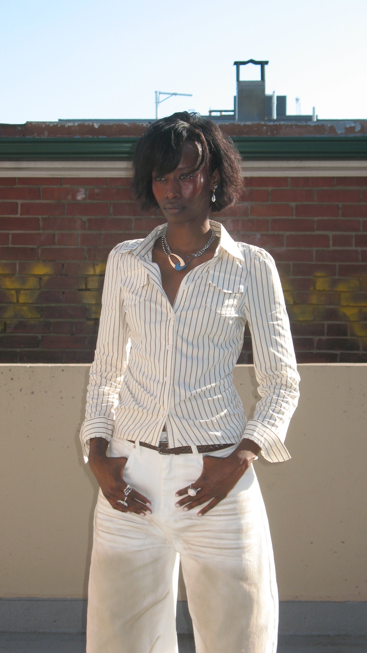 Cream Striped Button-Up Shirt with Elasticized Waistband