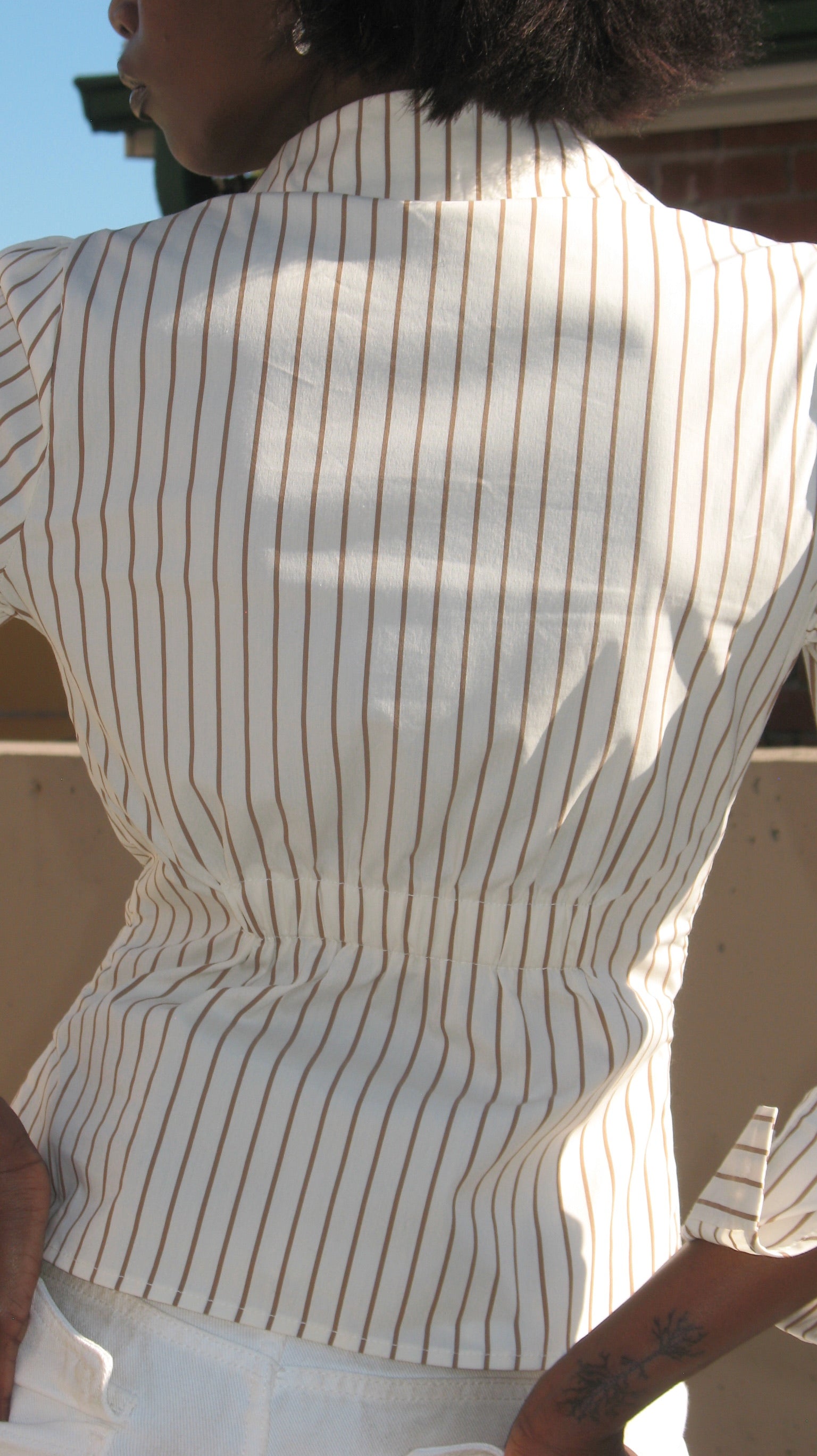 Cream Striped Button-Up Shirt with Elasticized Waistband