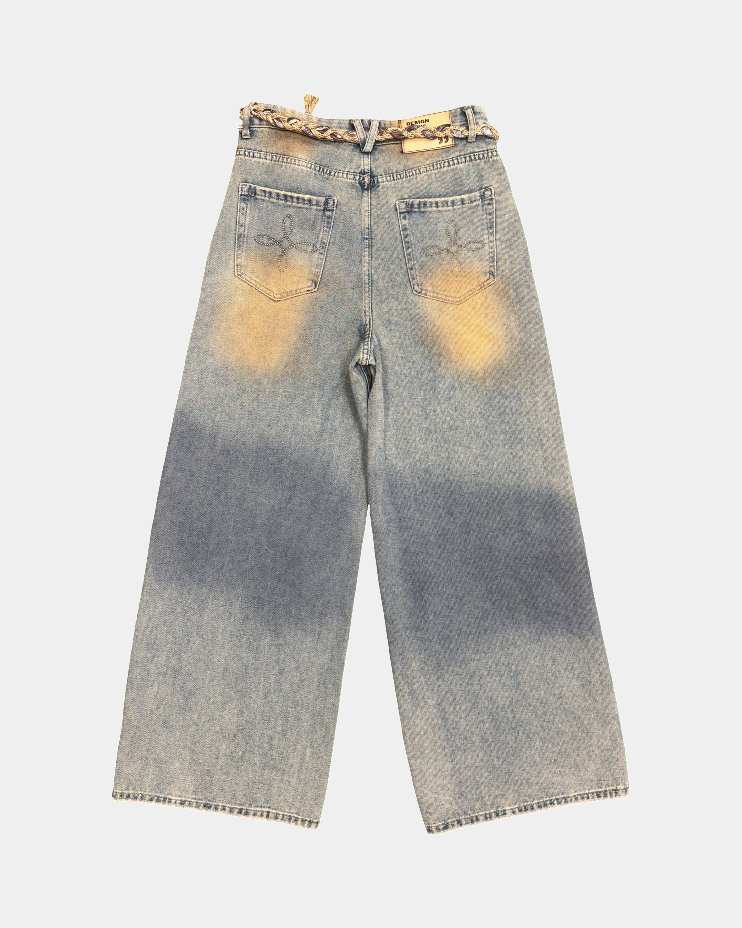Blue Washed Wide leg Jeans with rope belt