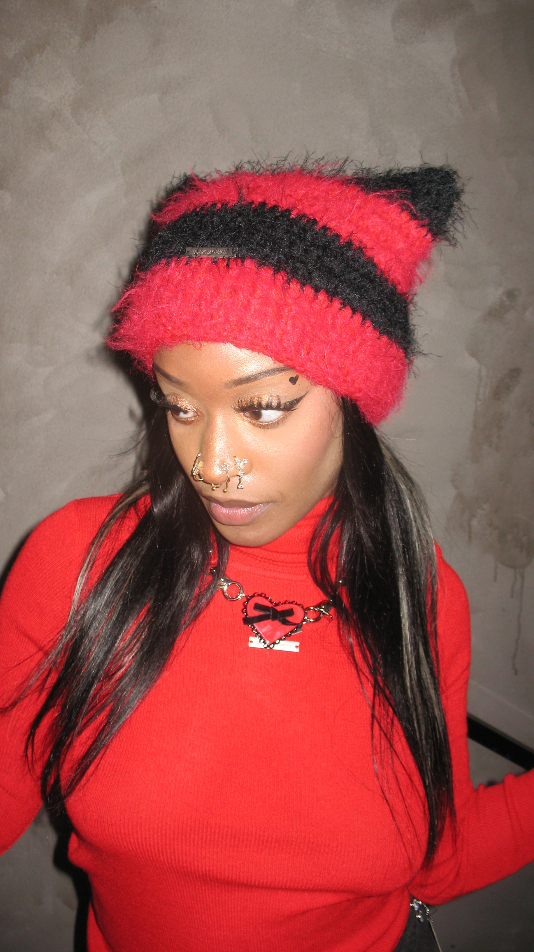 Black and Red Fur Knitted Wool-Blended Beanie