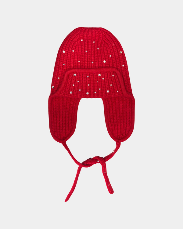 Red Knitted Ear Flap Beanie with Rhinestones