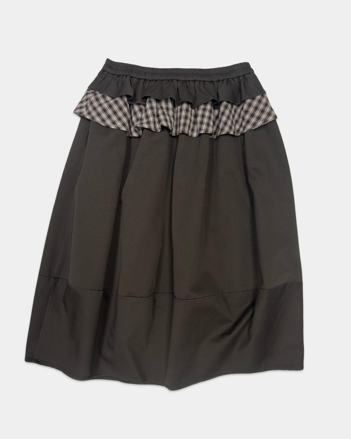 Brown Layered Plaid Ruffle Midi Skirt