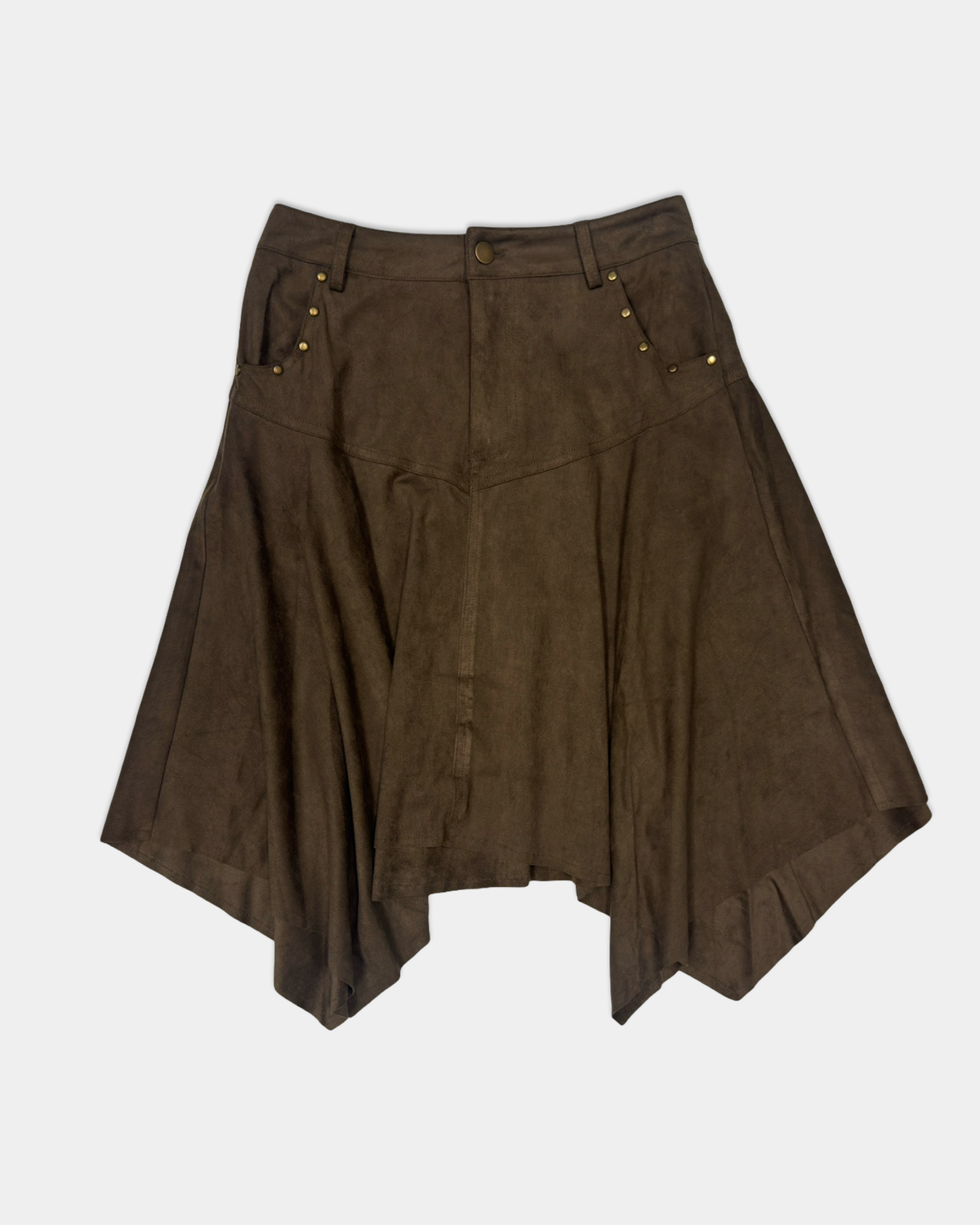 Brown Suede Fold Midi Skirt