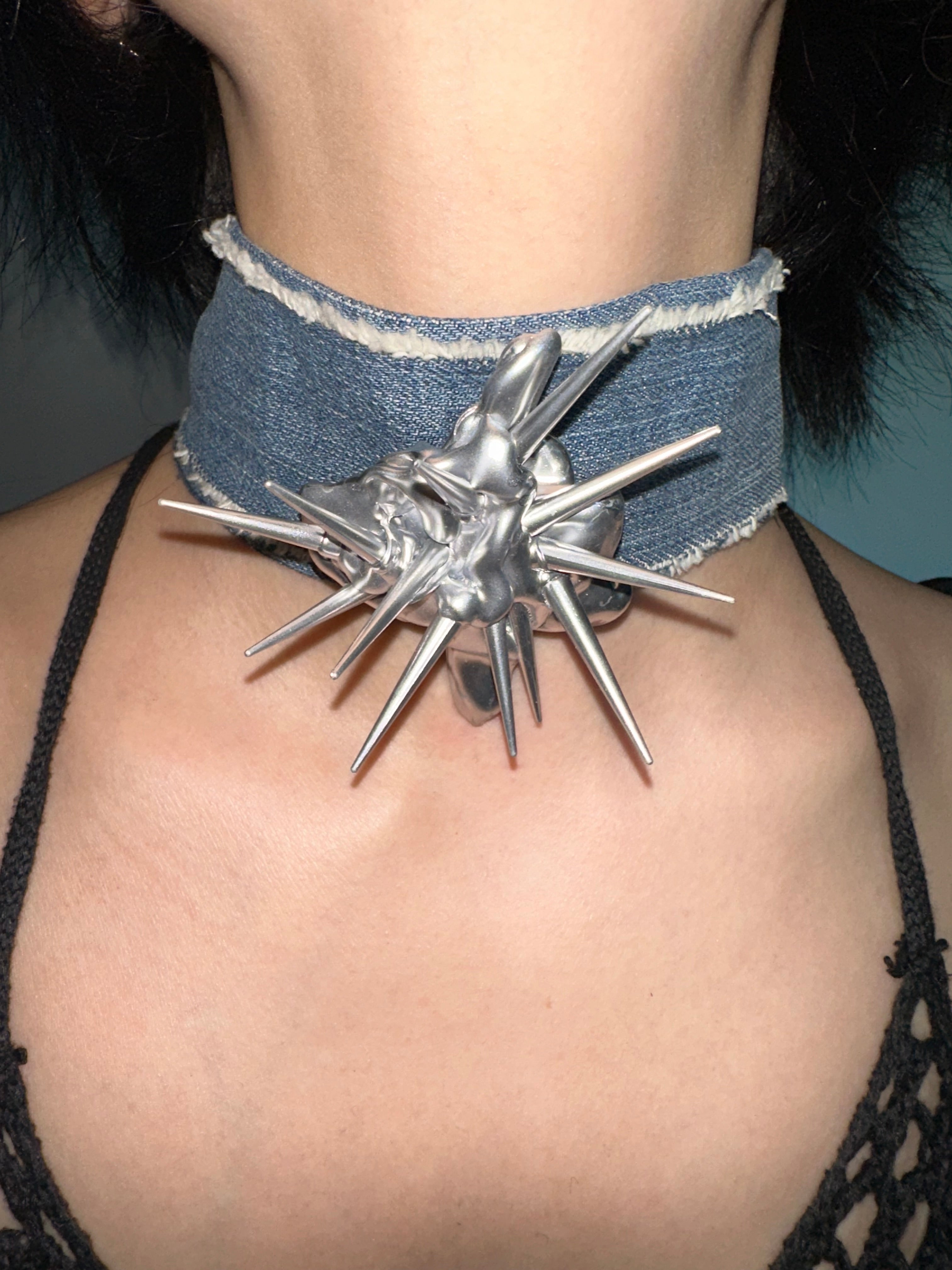 Silver Spike Rock Denim Choker