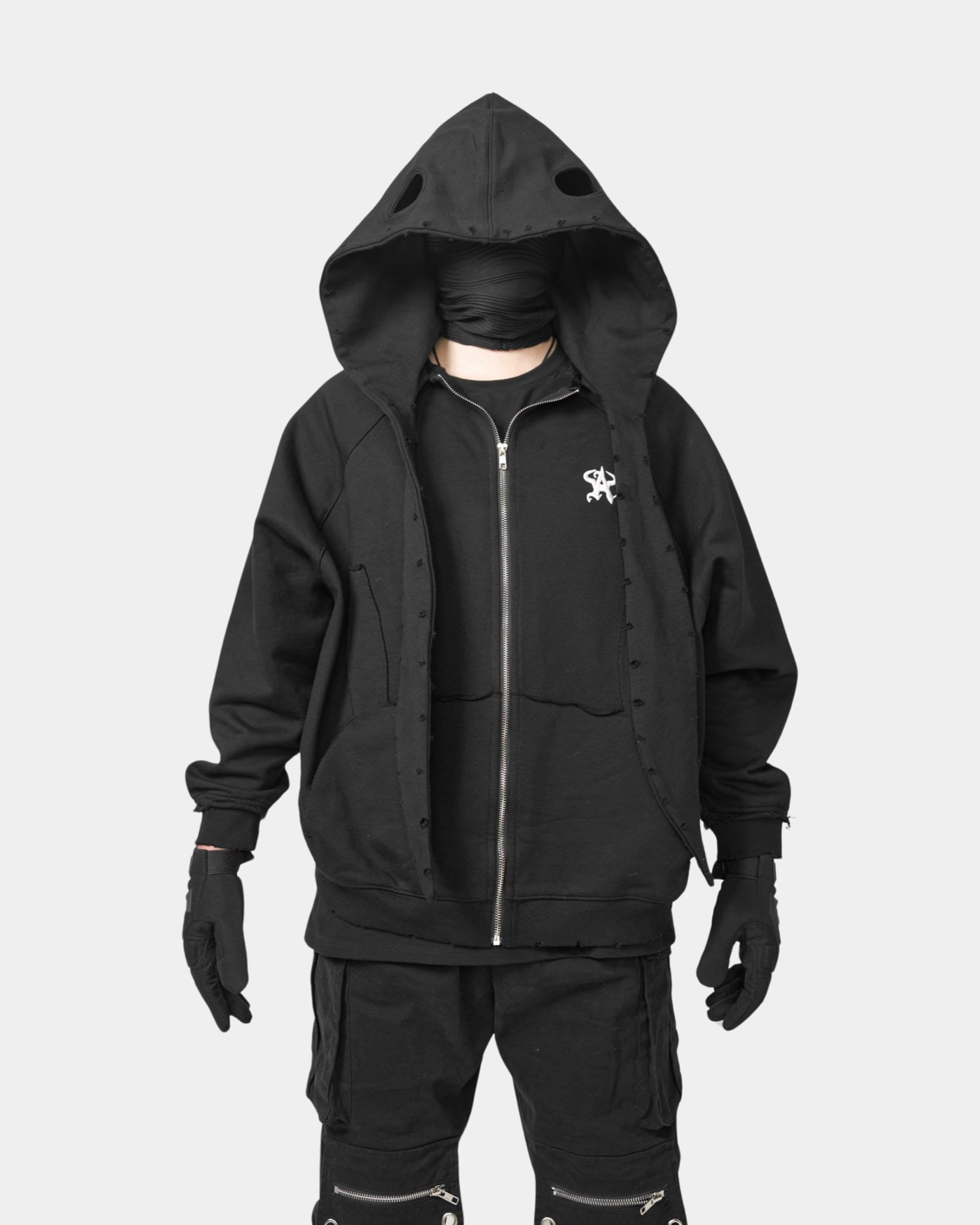 Destructive Style Rabbit Ears Zipper Hooded Sweatshirt (Black)