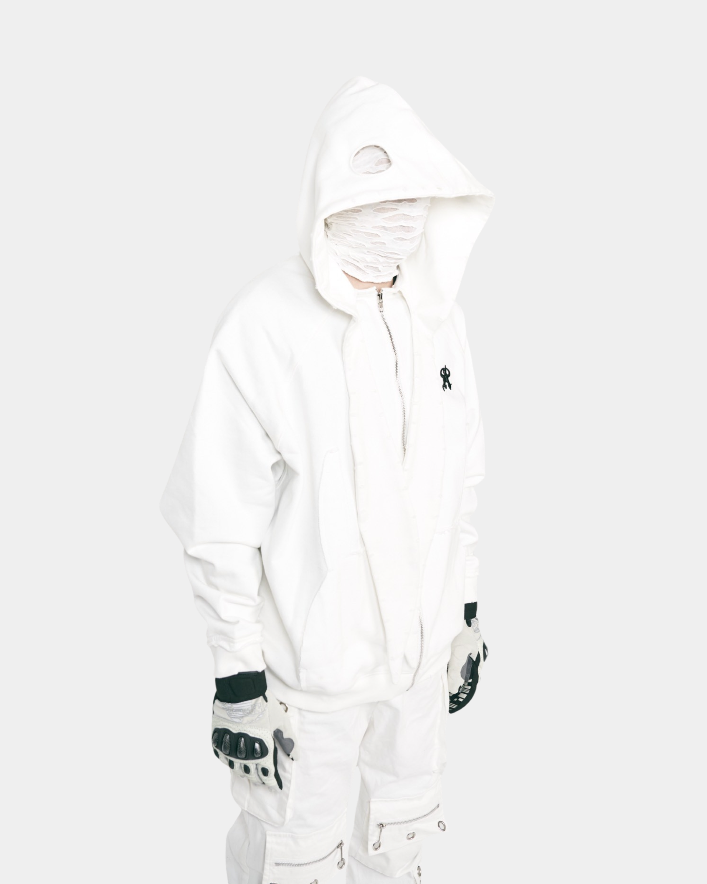 Destructive Style Rabbit Ears Zipper Hooded Sweatshirt (White)