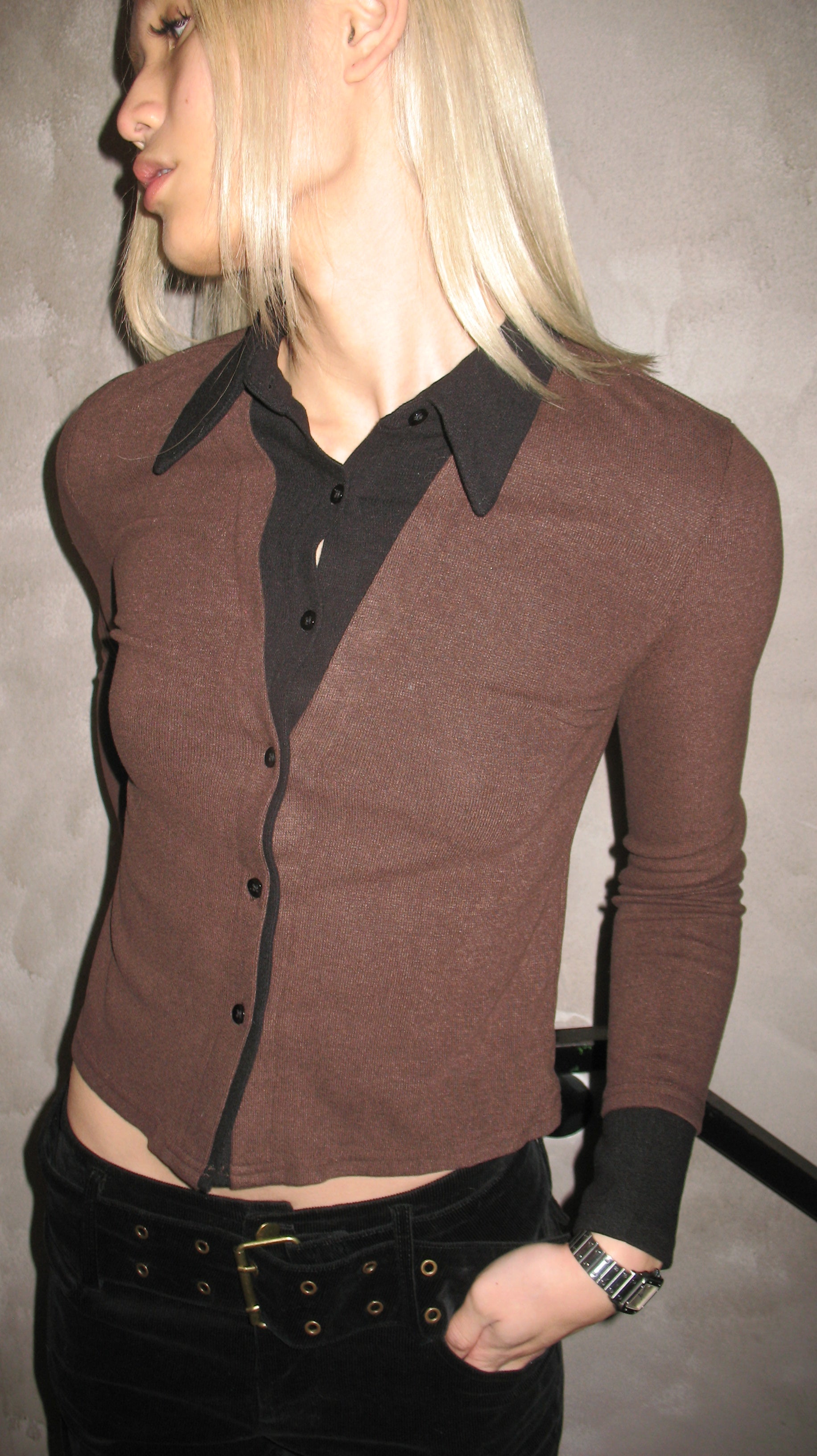 Brown Button-Up Sweater with Black Collar