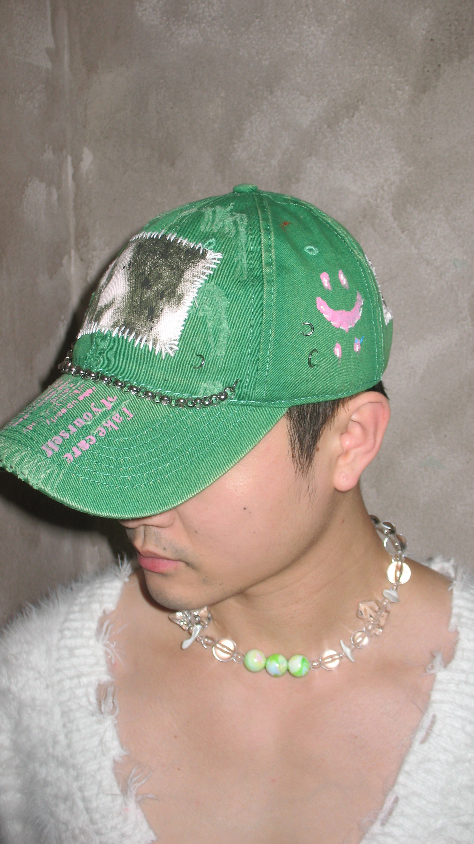 Green Cap With Graphic Patch and Silver Chain