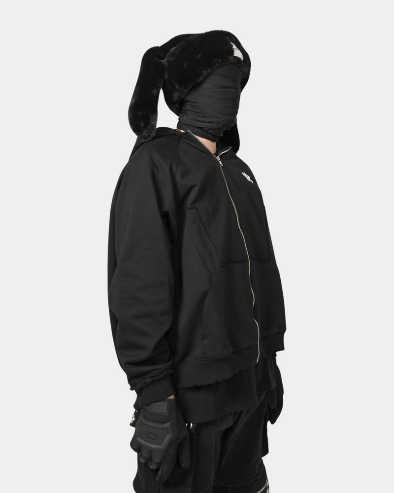 Destructive Style Rabbit Ears Zipper Hooded Sweatshirt (Black)