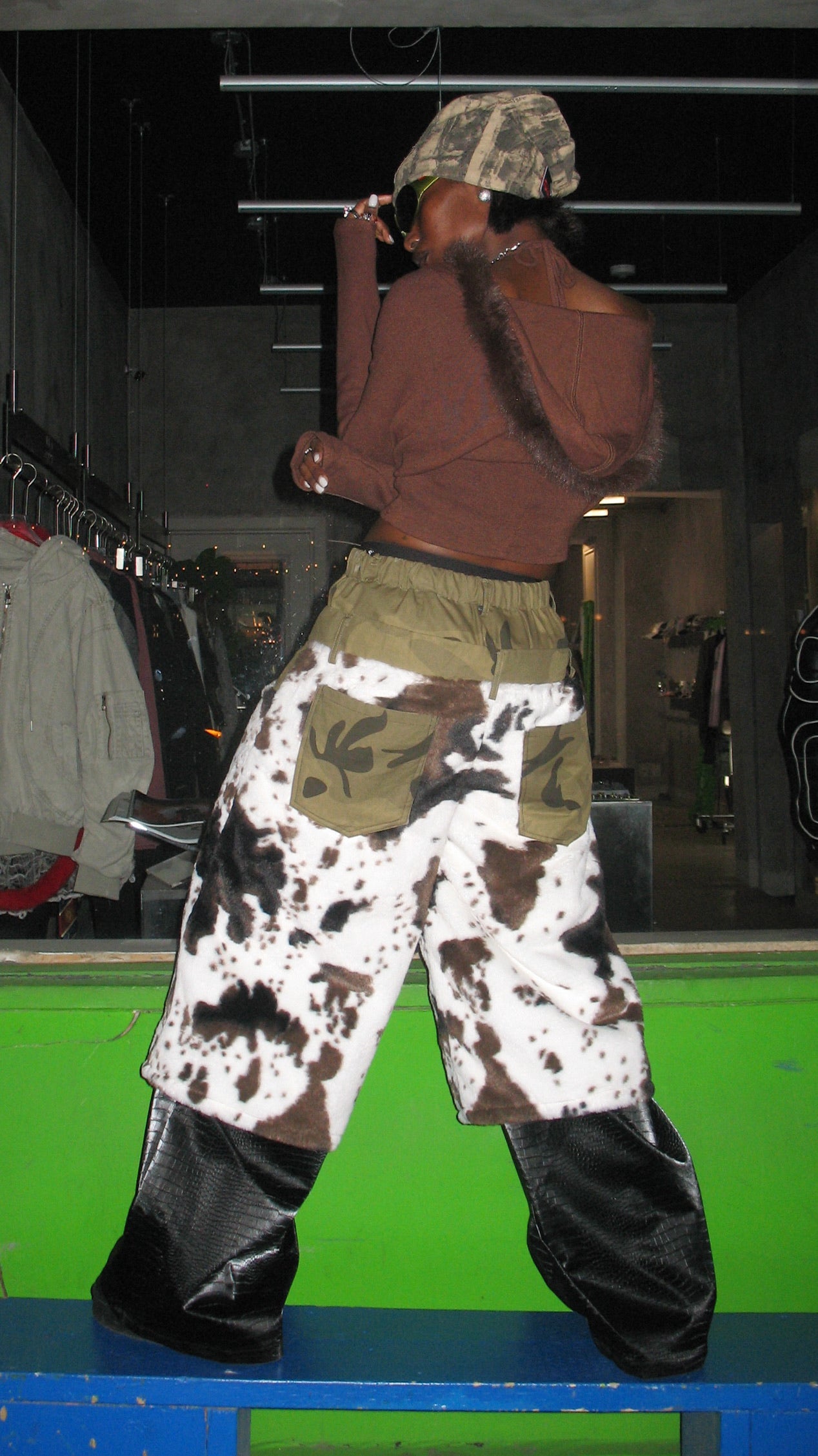 Remake Contrast Panel Skirt-Overpants in Cow Print and Nylon