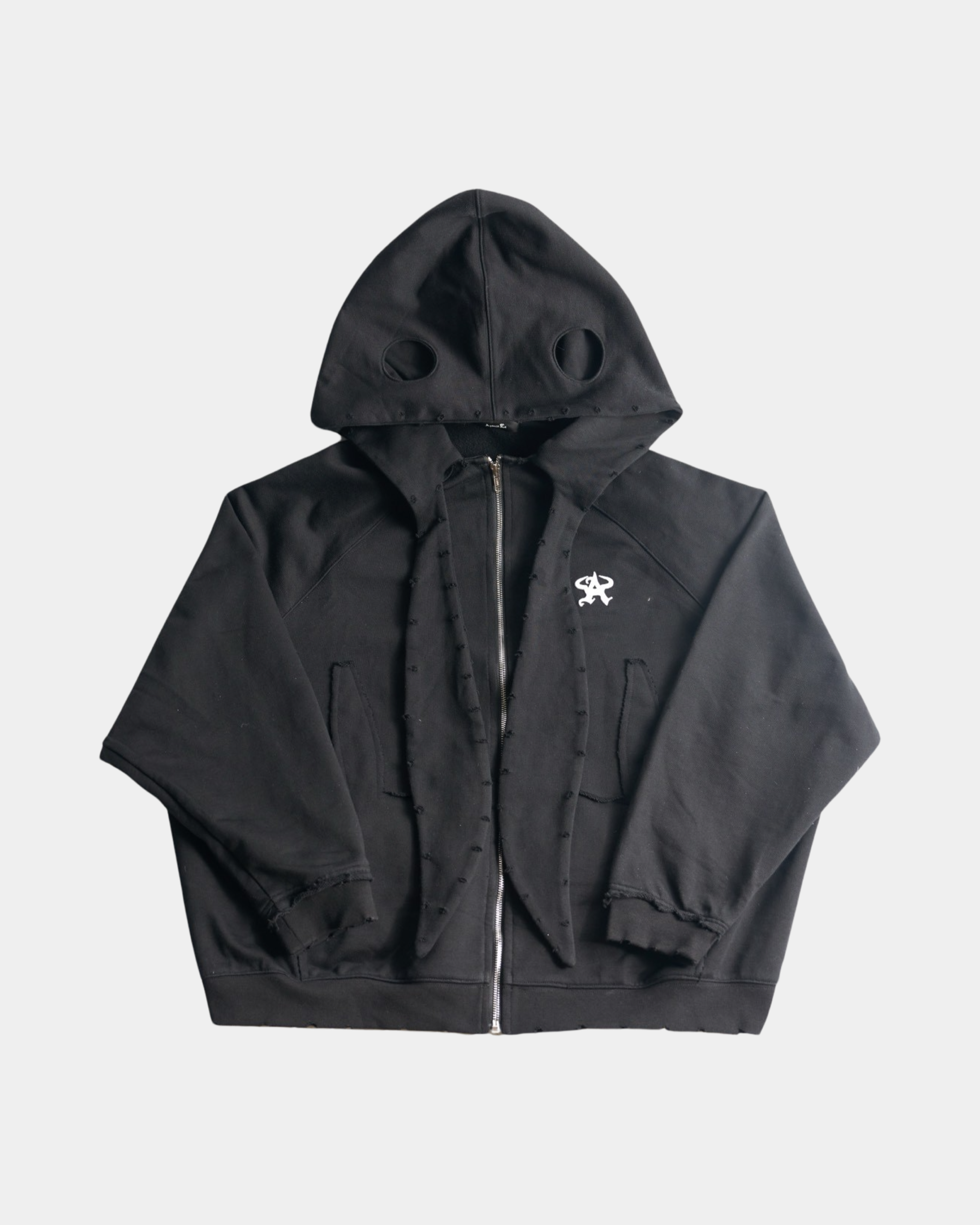 Destructive Style Rabbit Ears Zipper Hooded Sweatshirt (Black)