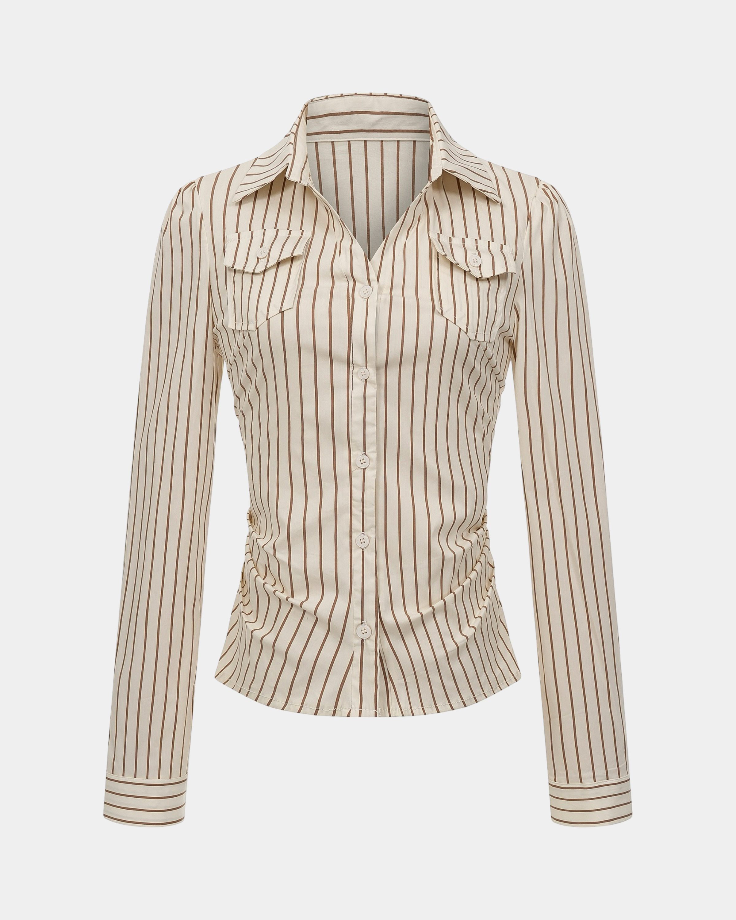Cream Striped Button-Up Shirt with Elasticized Waistband