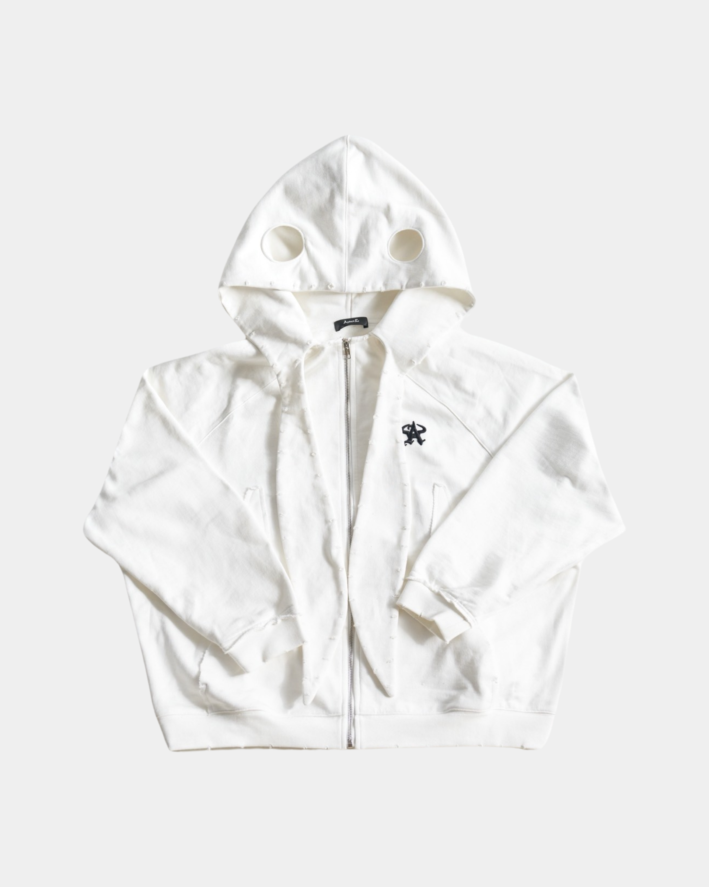 Destructive Style Rabbit Ears Zipper Hooded Sweatshirt (White)