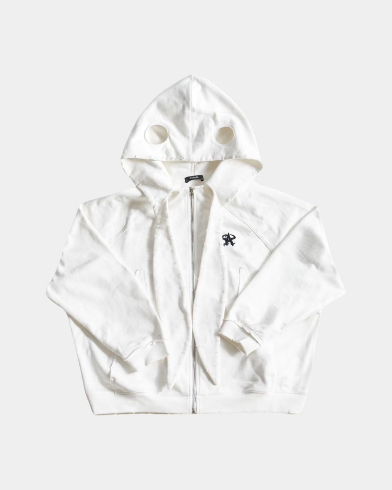 Destructive Style Rabbit Ears Zipper Hooded Sweatshirt (White)