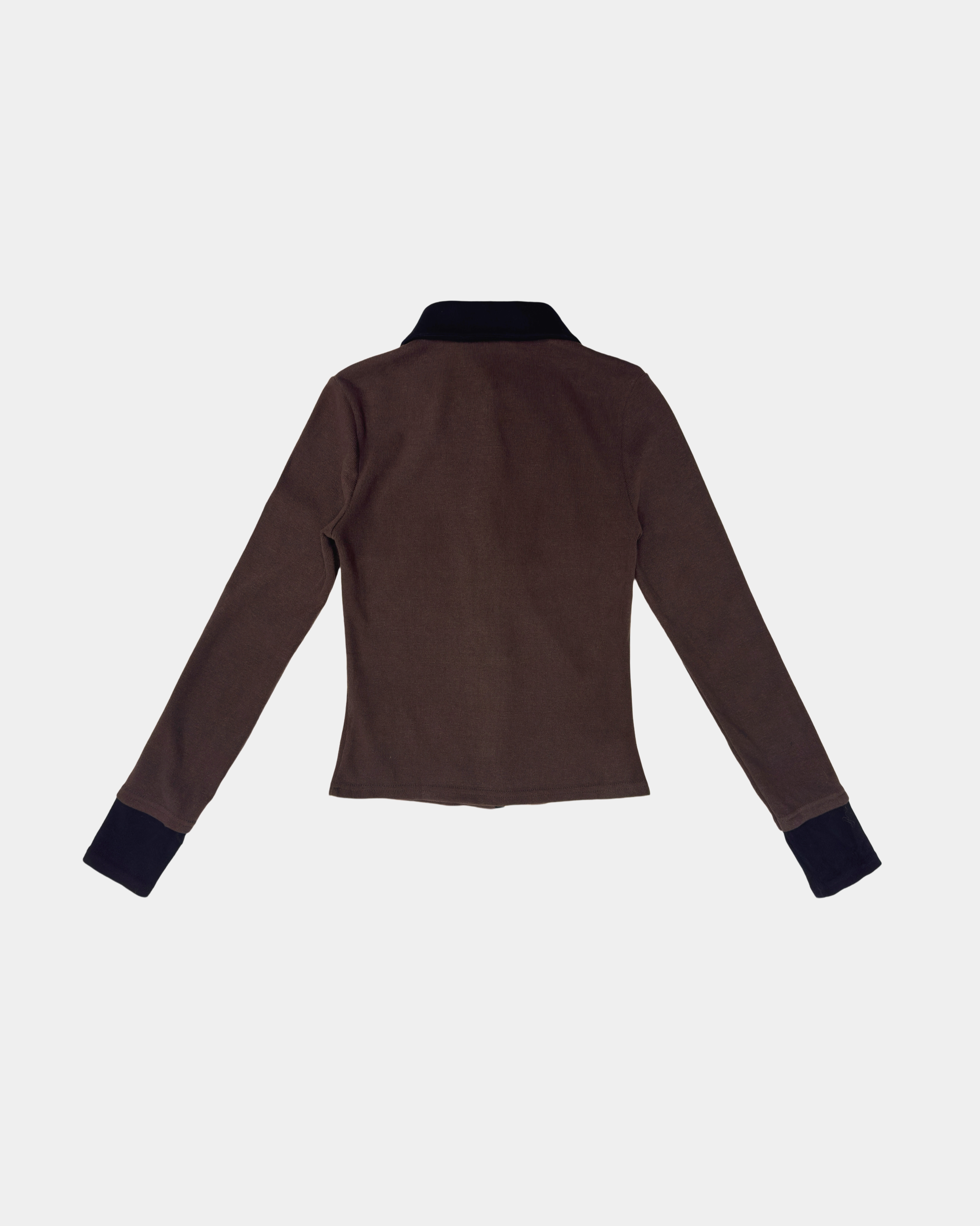 Brown Button-Up Sweater with Black Collar