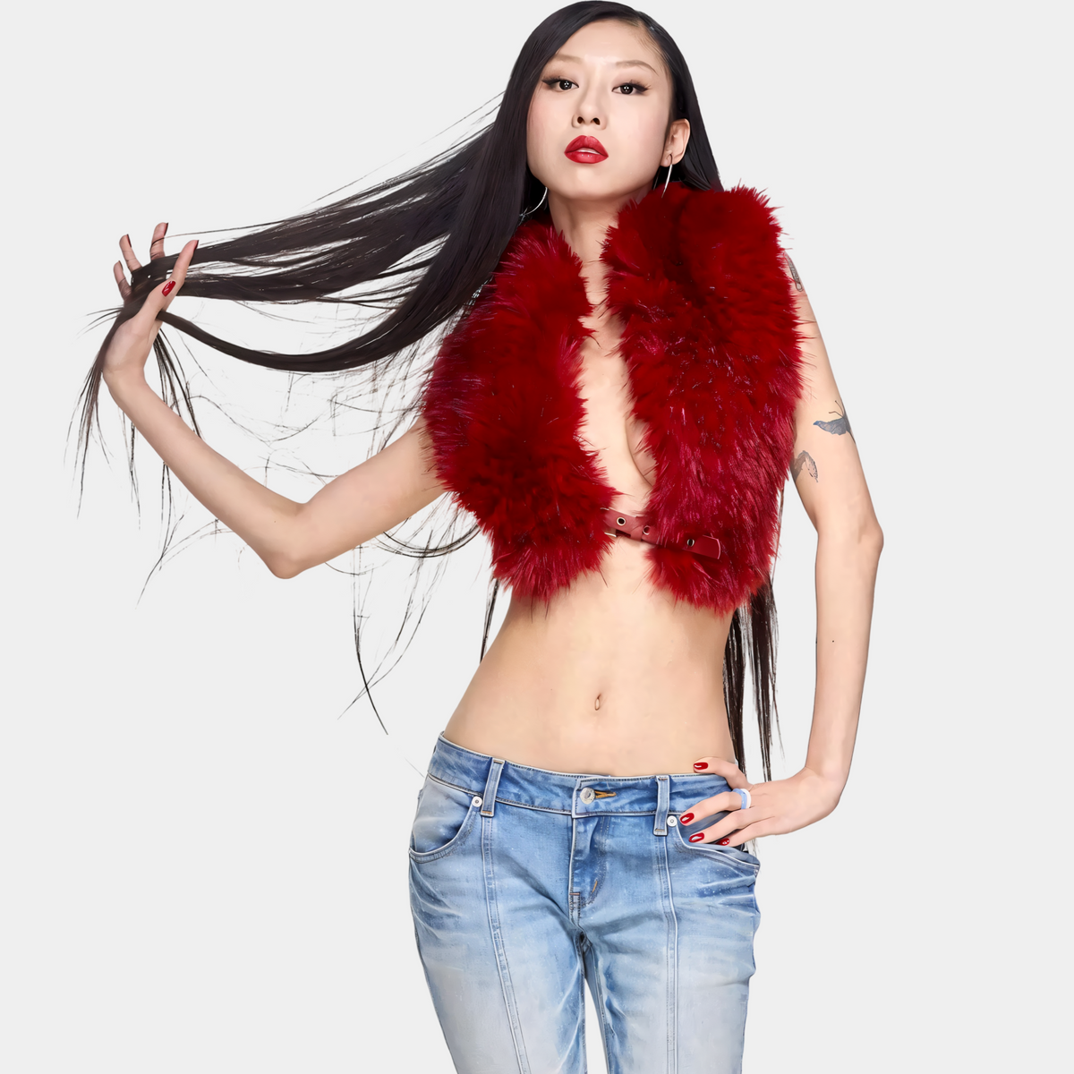 Crimson Eclipse Layered Faux Fur Open Vest