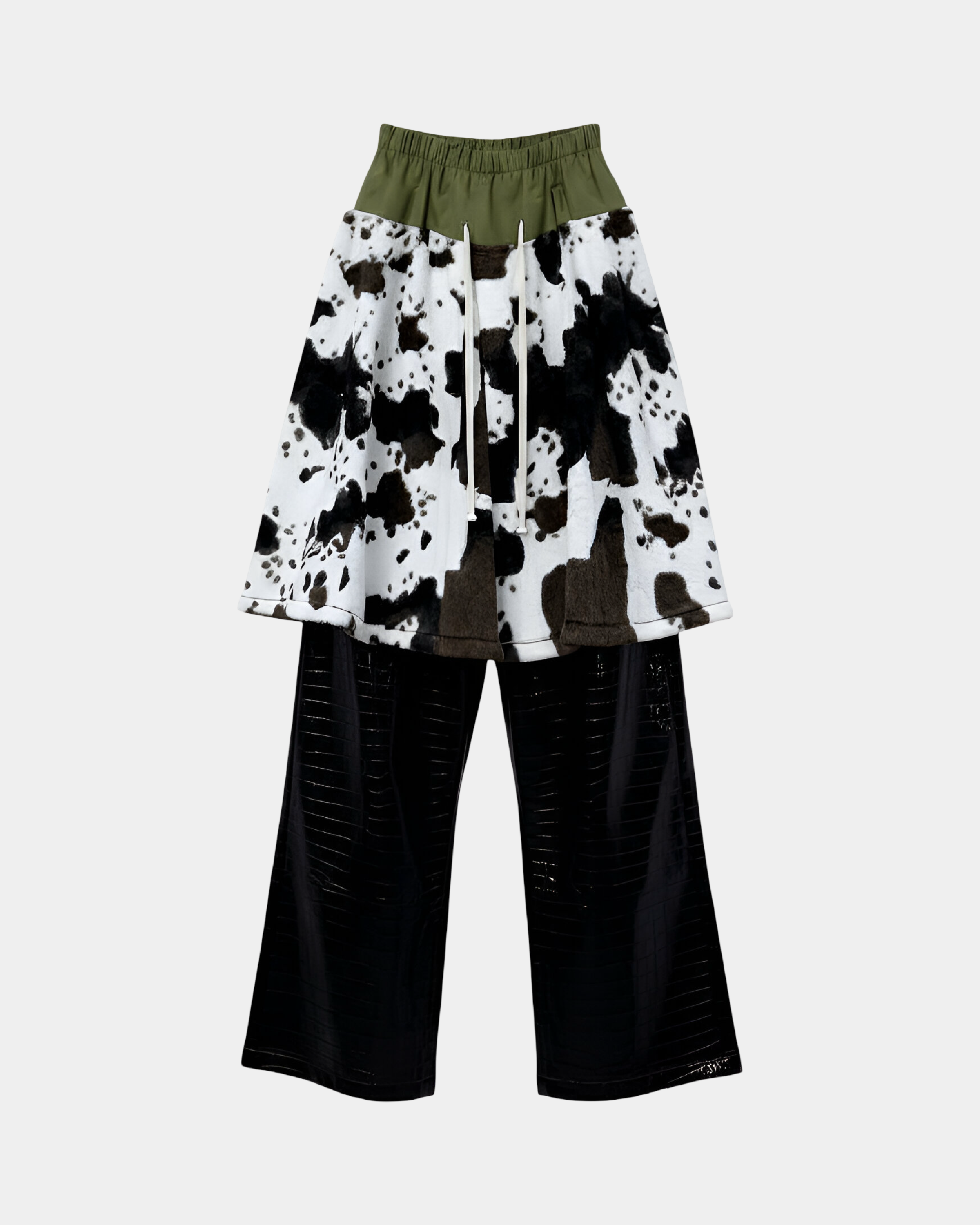 Remake Contrast Panel Skirt-Overpants in Cow Print and Nylon