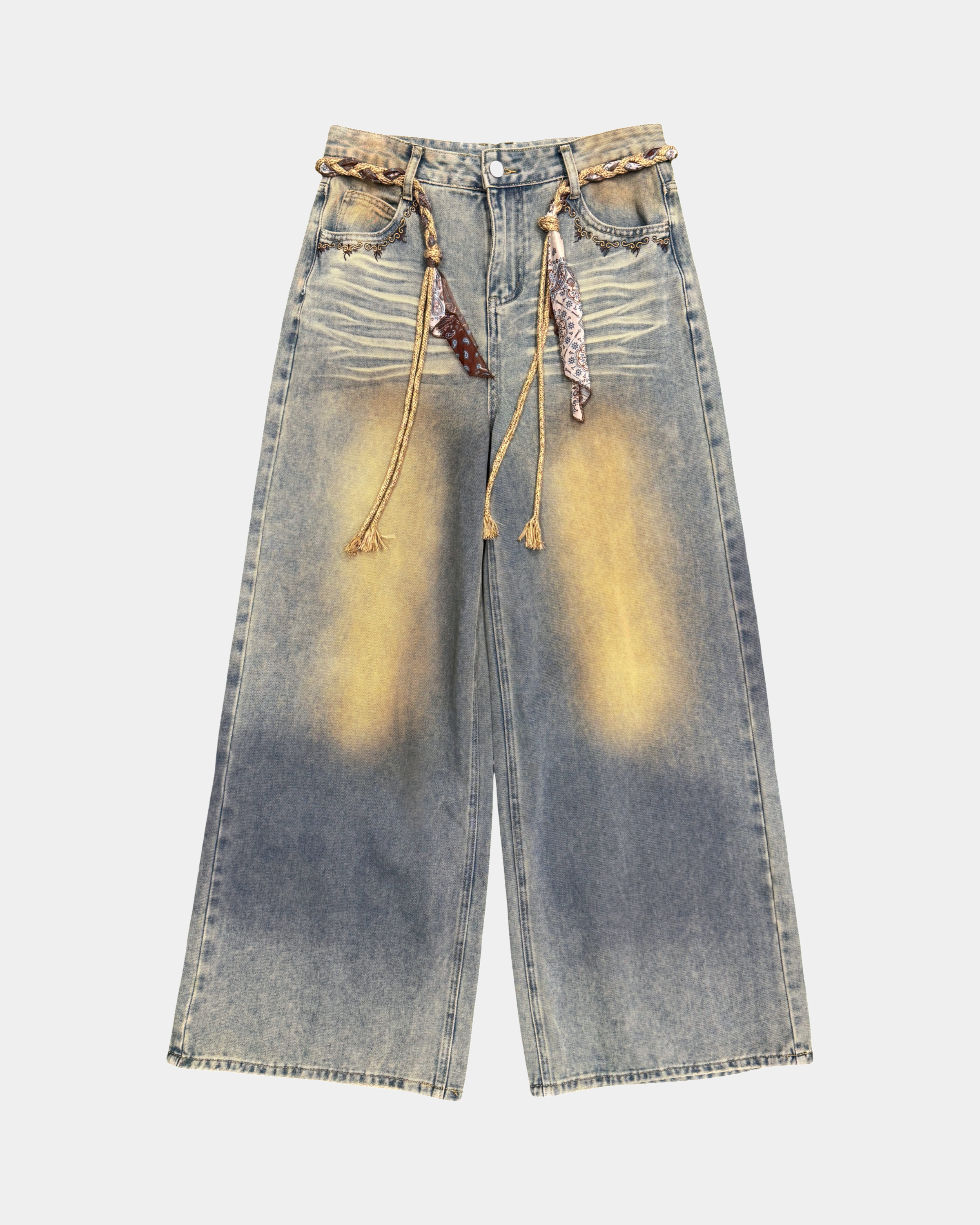 Blue Washed Wide leg Jeans with rope belt