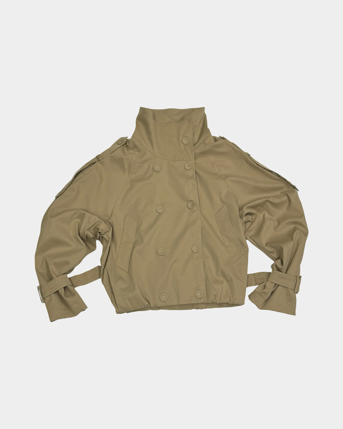 Khaki High-Collar Short Trench Jacket