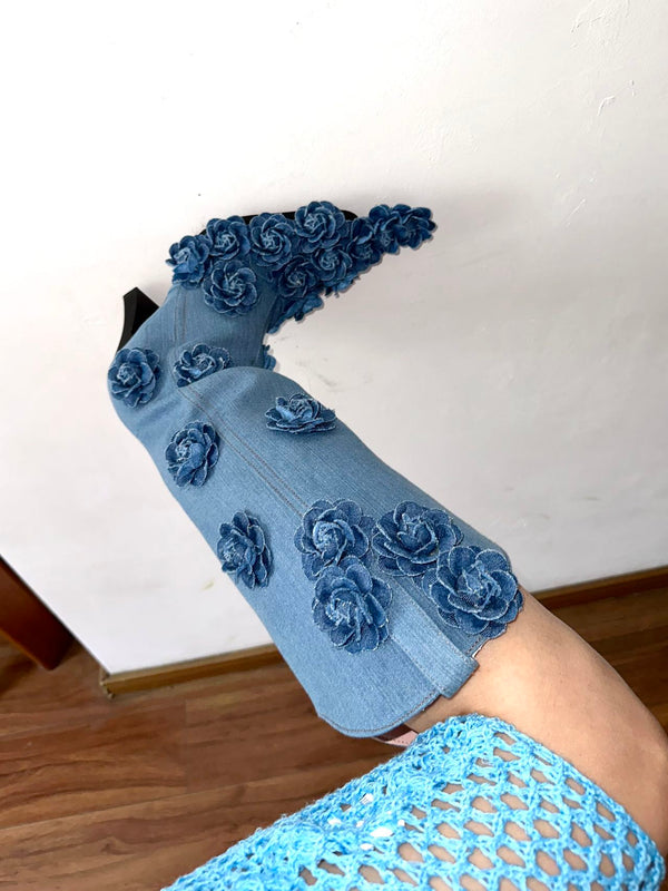 Denim Flower Cowboy Boots