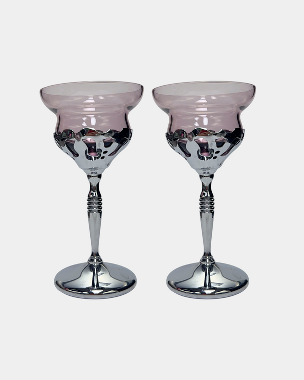 Vintage Art Deco Chrome & Multi Color Wine Cocktail Glasses Set of 2  Morgantown Glass United Chromium Farberware Wine Glass Cordials 