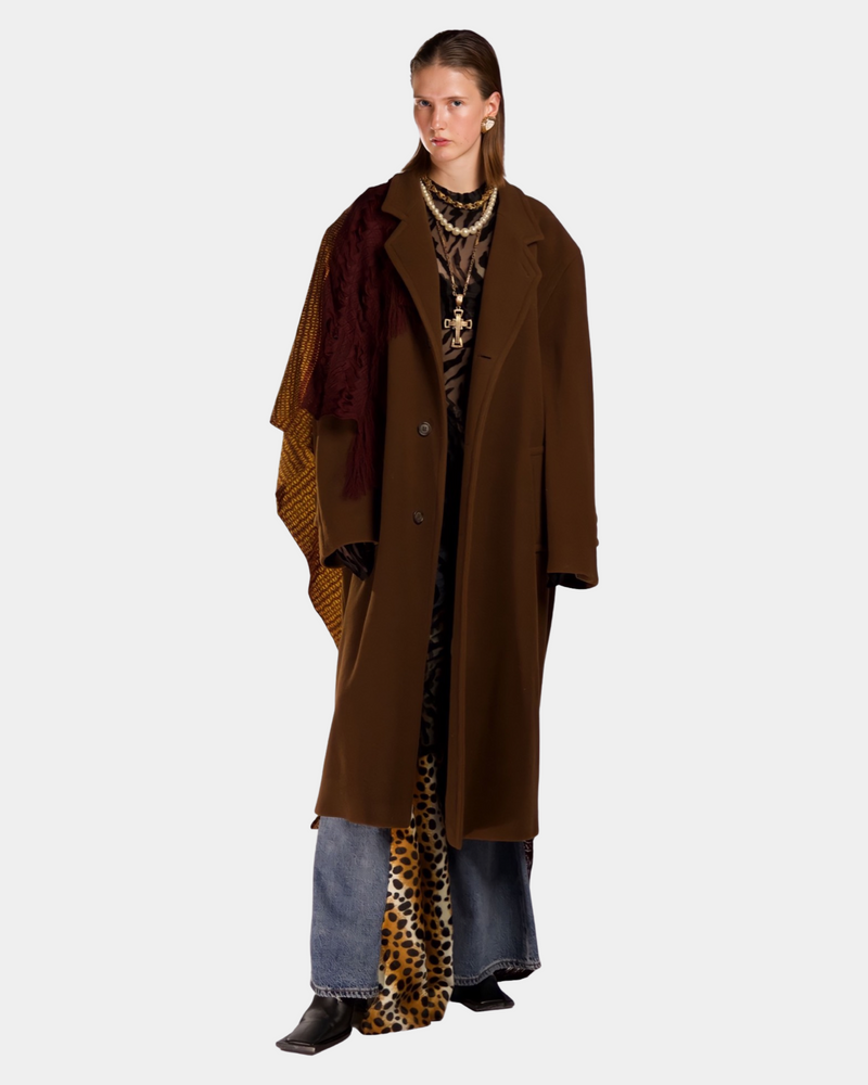 Brown Wool Coat with Golden Kasaya Scarf