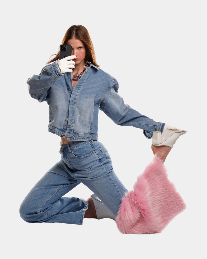 Washed Jeans with Pink Faux Fur