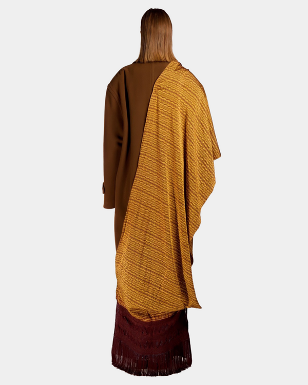 Brown Wool Coat with Golden Kasaya Scarf
