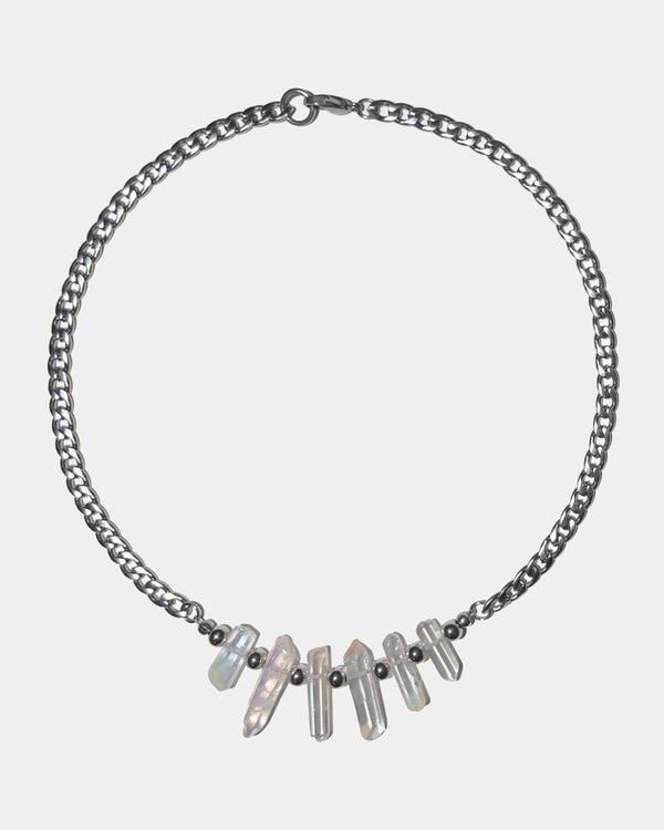Quartz crystal and stainless steel necklace
